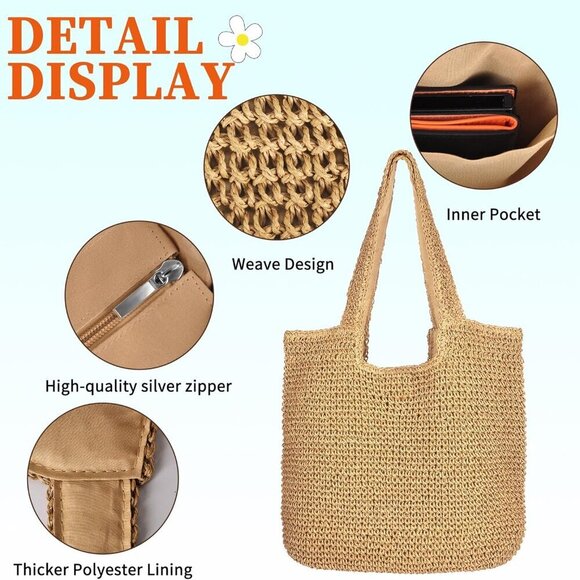 Beach Shoulder Bag Handwoven Straw Large Capacity Summer Casual Tote - Picture 6 of 6